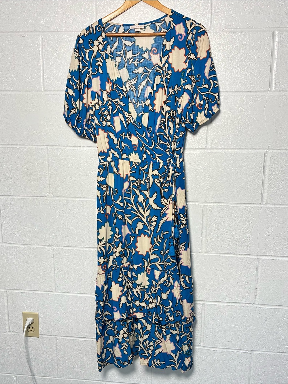 Knox rose blue tiered floral wrap dress with tassels and puff sleeves